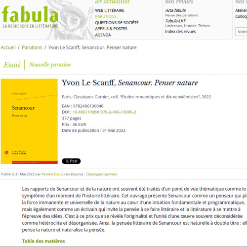Yvon le Scanff, Senancour, penser nature (Fabula)