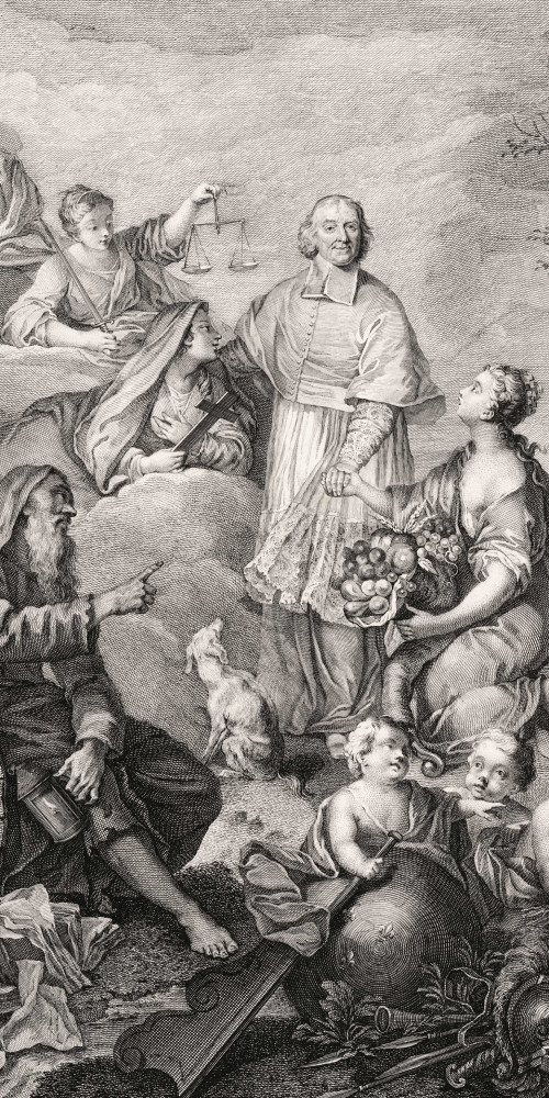 Le Cardinal André Hercule de Fleury (1653-1743), entouré des figures allégoriques de la Religion, de la Justice et de l’Abondance