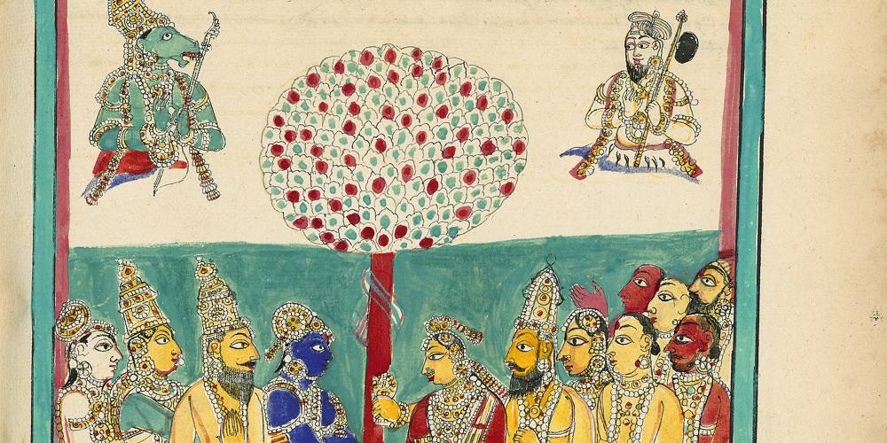 Mariage de Krishna avec Satyabhama, la fille de Satrajit, en présence de Tumburu et de Narada jouant de la musique dans le ciel