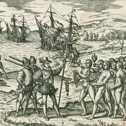 Colomb reçoit des présents des indigènes tandis que ses compagnons dressent une croix de bois