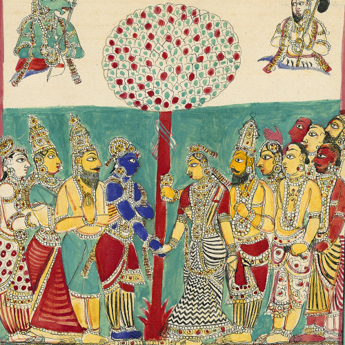 Mariage de Krishna avec Satyabhama, la fille de Satrajit, en présence de Tumburu et de Narada jouant de la musique dans le ciel
