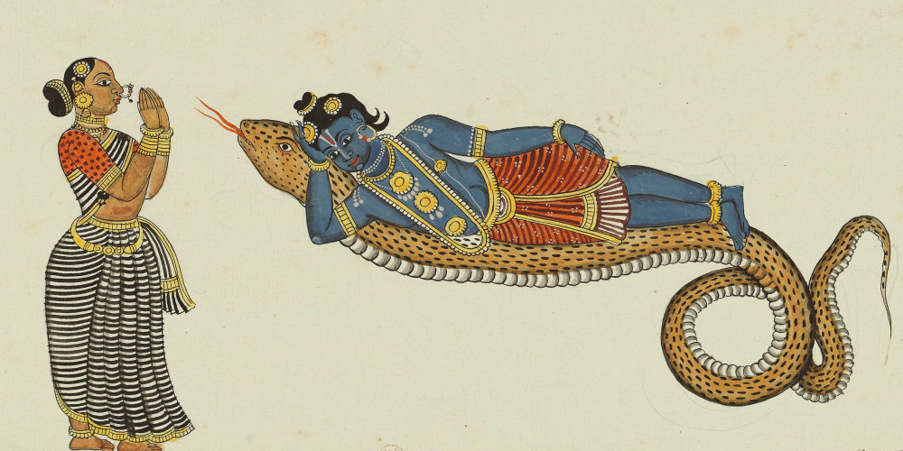 Krishna couché sur le serpent Shesha est salué par une orante