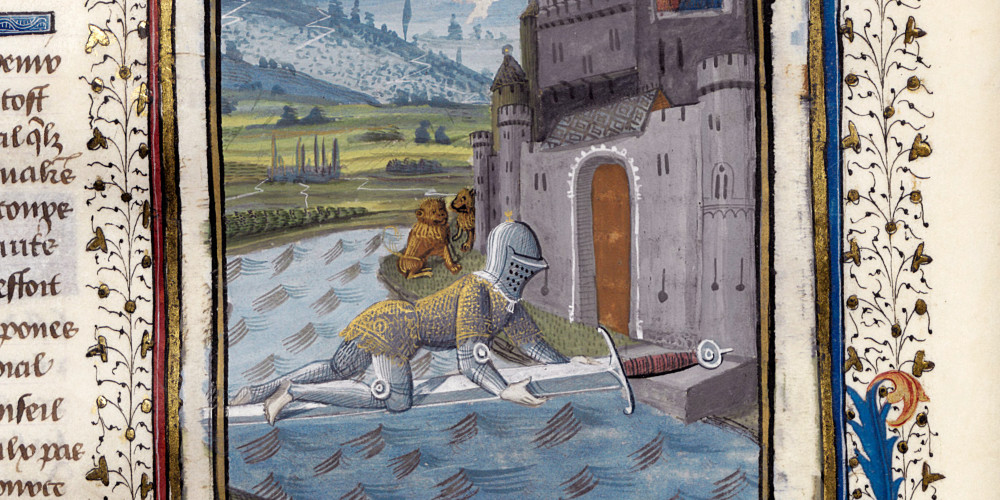 Lancelot franchit le Pont de l’épée sous les yeux de Guenièvre et Baudemagu