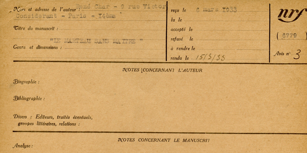 Fiche de lecture de Paulhan sur le Marteau sans maître de René Char, 1933