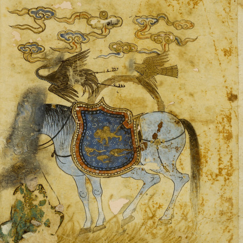 Ecuyer tenant la bride d'un monture princière, dont la selle est ornée d'un lion et un soleil (hülegü ou abaqa & djuvaynî.)