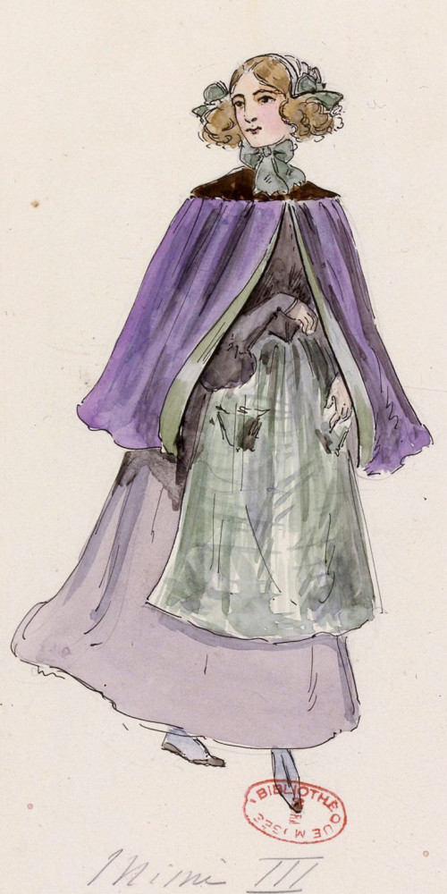 Dessins de costumes pour La Bohème : Mimi, une cousette, Acte III