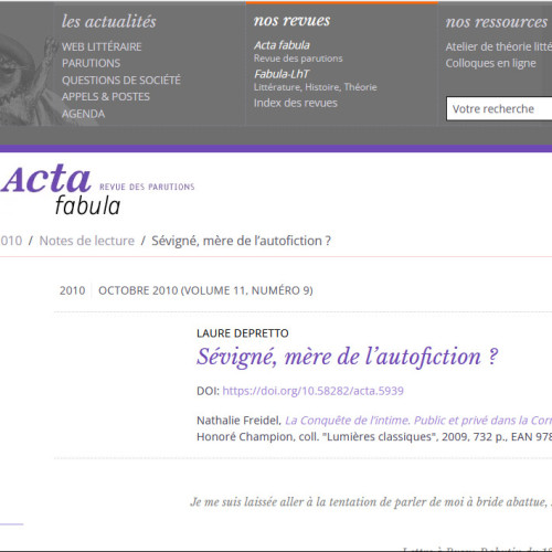 Mme de Séivigné, mère de l'autofiction, vignette Fabula
