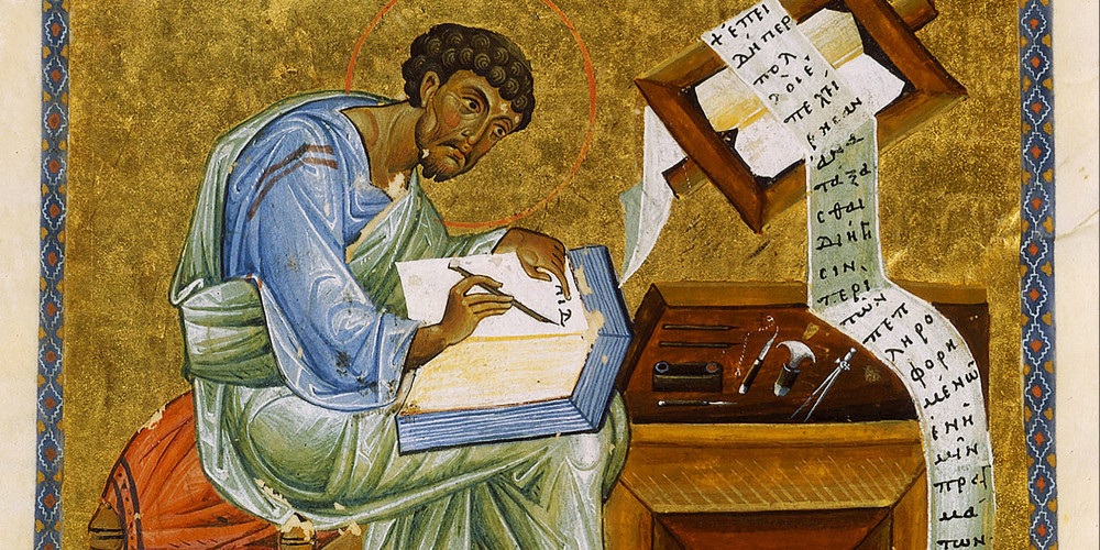 Saint Marc copiant un rouleau dans un codex