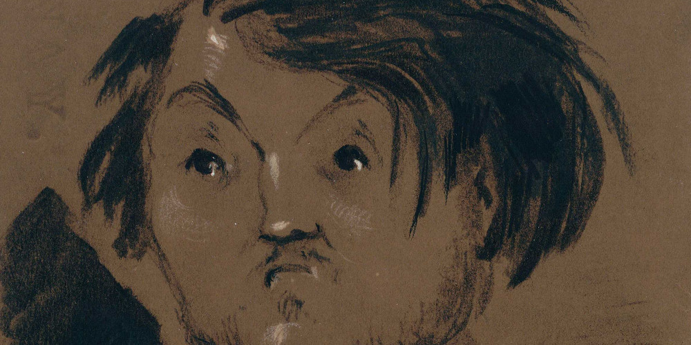 Caricature de Gustave Doré en buste, de trois quart, à gauche