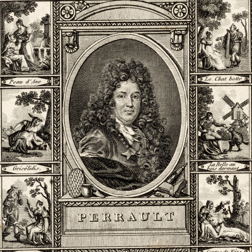 Portrait gravé de Charles Perrault, encadré de contes