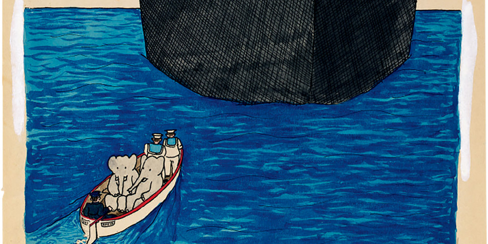 Le Voyage de Babar : « Un canot les recueille. »