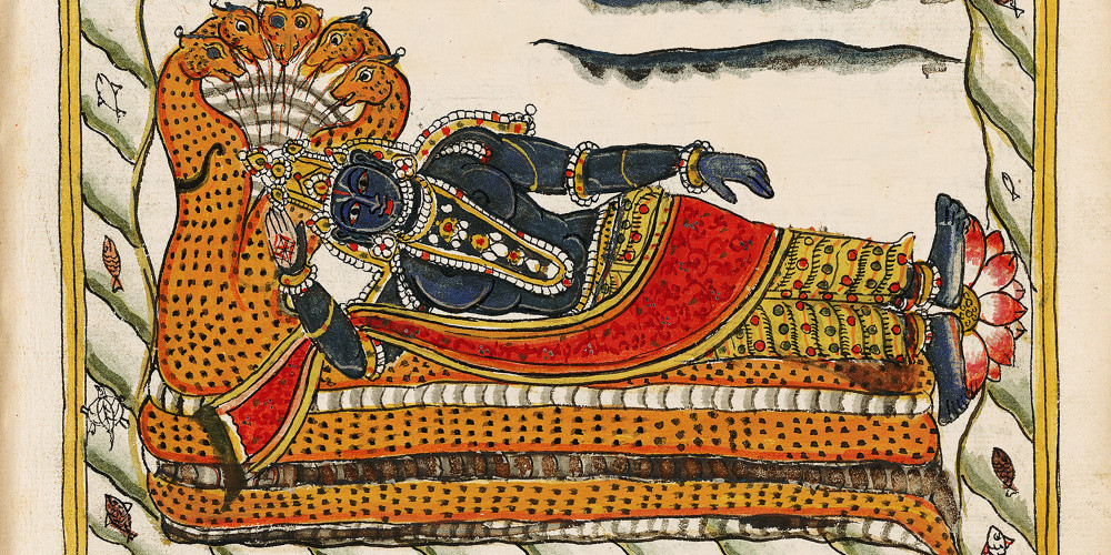 Vishnu, couché sur le serpent d’éternité Shesha, est imploré par les dieux et les rishi