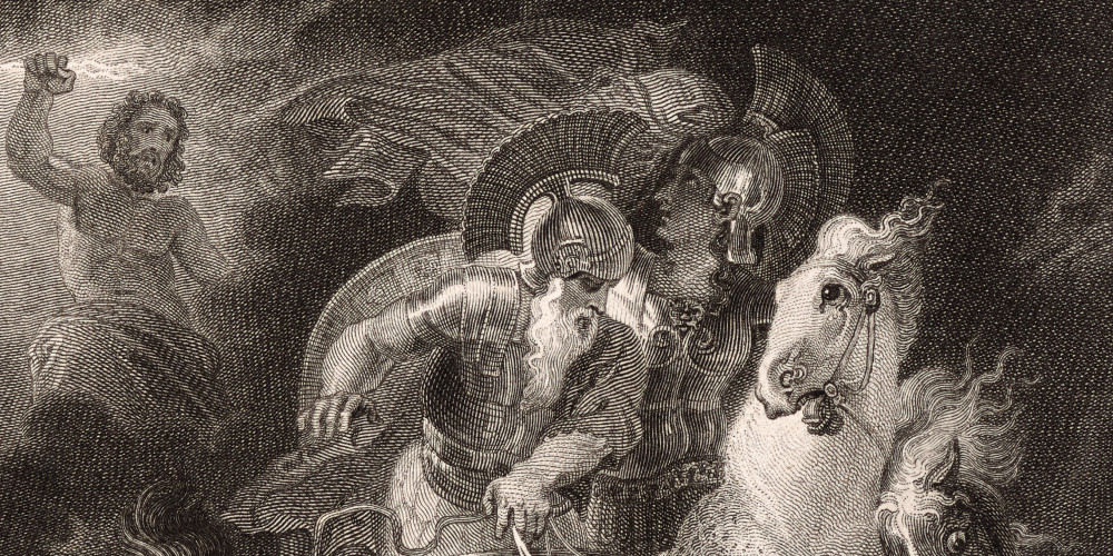 Zeus lance sa foudre devant le char de Diomède dont Nestor tient les rênes