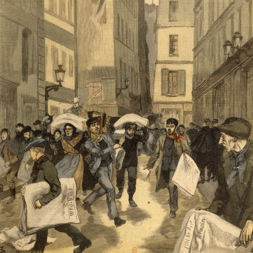L’Affaire Dreyfus à Paris, mise en vente des journaux du soir rue du Croissant