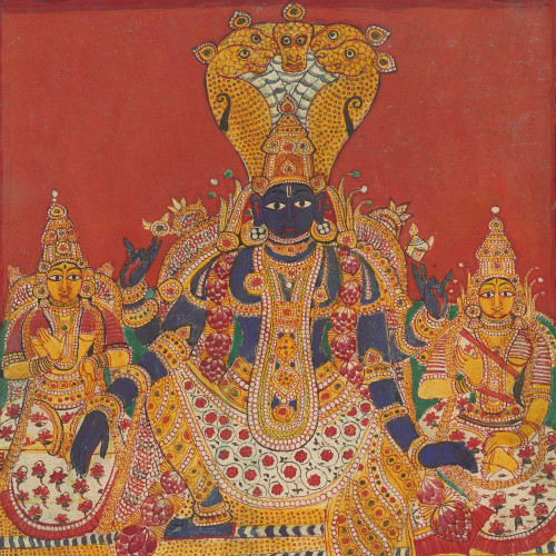 Vishnu, surmonté du serpent Ananta, assis entre ses parèdres Lakshmi et Bhudevi, réside au Vaikuntha
