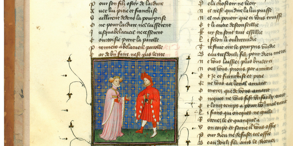 Fol. 153v : Courtoisie implore son fils Bel-Accueil de secourir l'Amant en lui accordant le don de la Rose
 