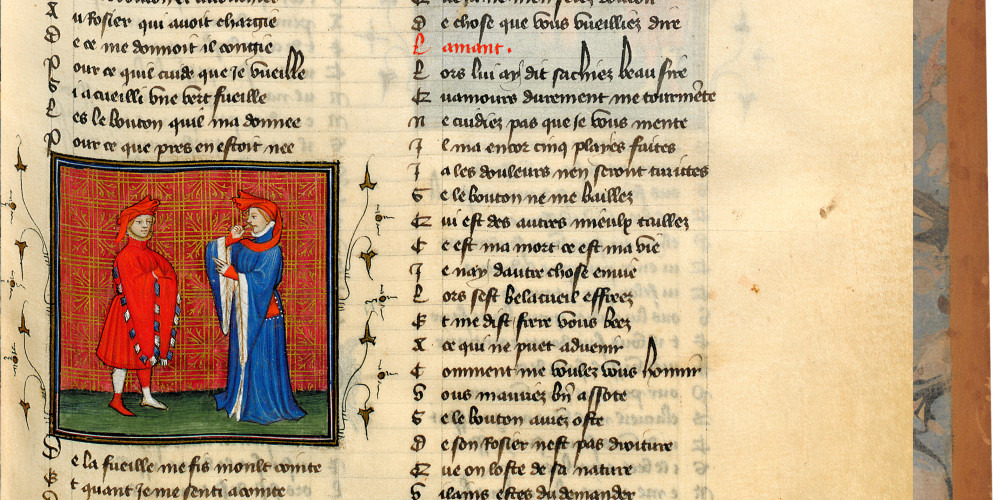 Fol. 23 : Bel-Accueil offre à l'Amant une feuille du rosier
 