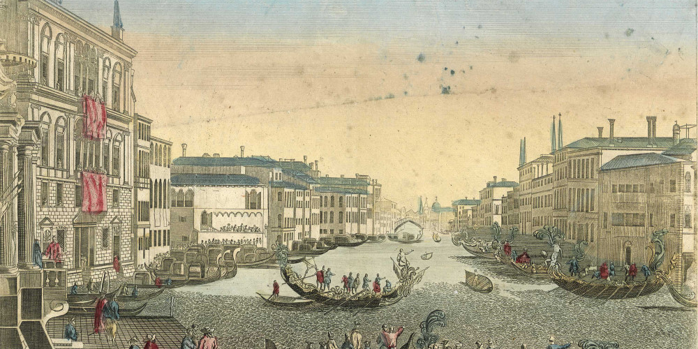 Venise : vue du Grand Canal, du Palais Balbori, du Pont Rialto et de la Fête des gondoles