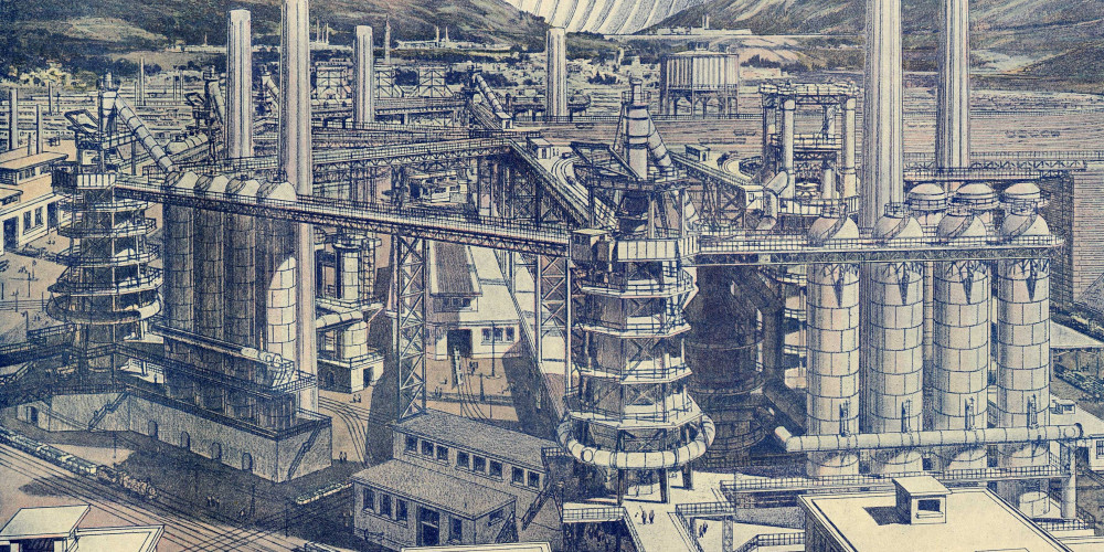 Projet de Cité industrielle de Tony Garnier : vue des hauts-fourneaux et du barrage