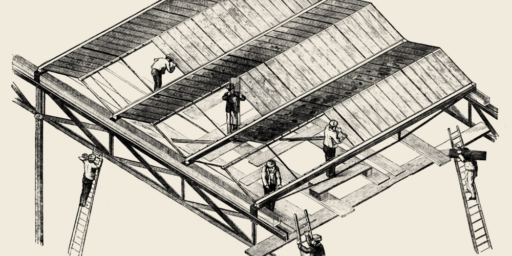 Chantier du Crystal Palace : pose des panneaux de verre sur le toit et machines (perçeuses, machines à perforer)