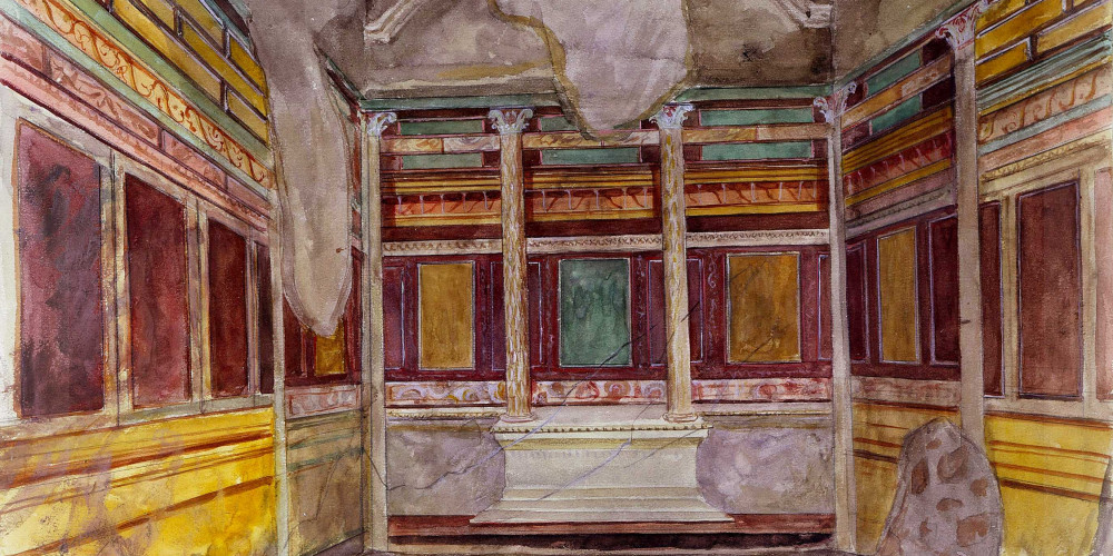 Deuxième style de peinture murale à Pompéi : salle de réception, salon (œcus) de la maison des Noces d’argent