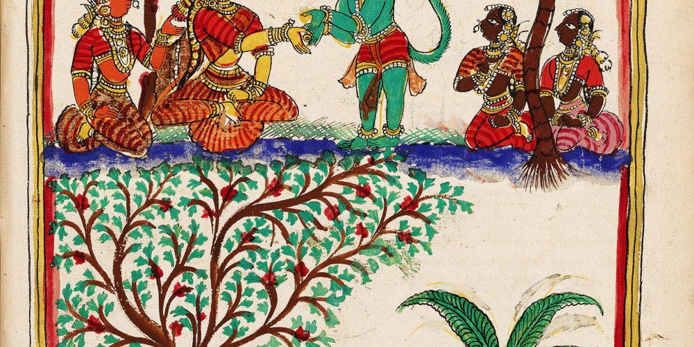 Pour gagner sa confiance, Hanuman donne à Sita la bague de Rama ; en retour Sita lui remet un bijou pour Rama
 
