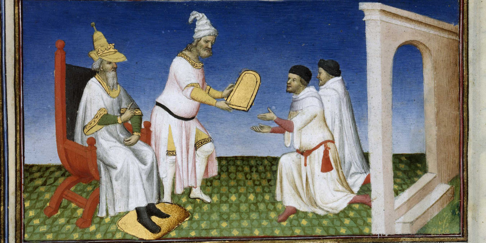 Kubilay Khan donne une tablette servant de sauf-conduit aux Polo qui rentrent en Italie