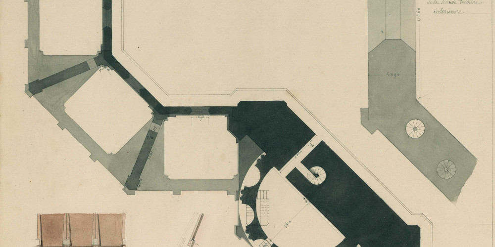 Deux plans d’une des chapelles latérales (au niveau des première et seconde tribunes), divers détails du couvrement du dôme et de la voûte