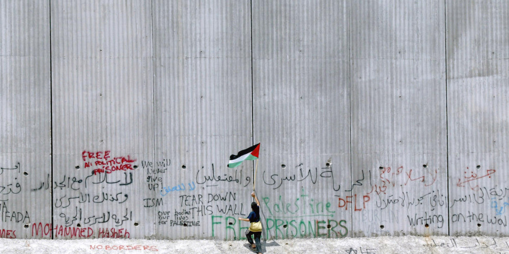 Un enfant plante un drapeau palestinien