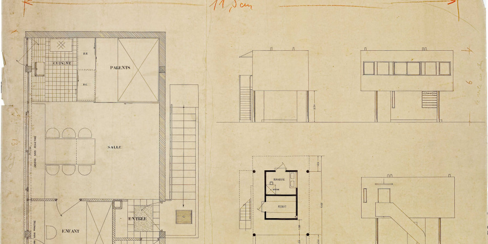 Plans et élévations de la maison du jardinier de la villa Savoye par Le Corbusier