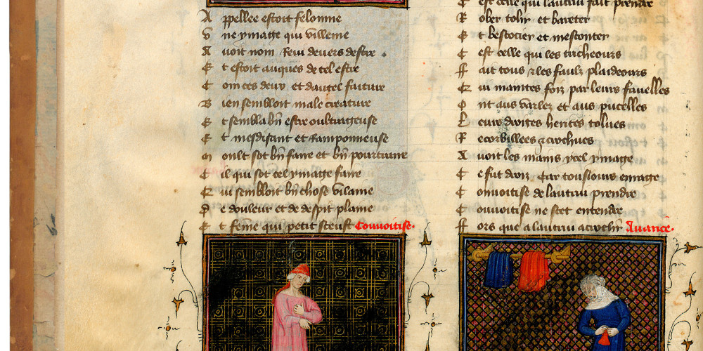 Fol. 2v : Figures allégoriques — Félonie — Convoitise — Avarice
