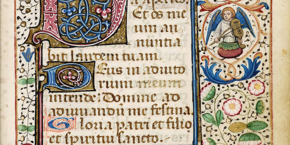Fol. 16: initiale ornée D introduisant aux heures du Saint-Esprit