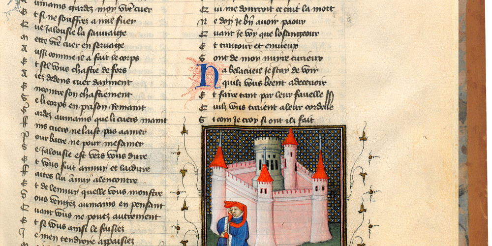 Fol. 32 : L'Amant se désole d'être séparé de la Rose enclose dans la forteresse de Jalousie
 