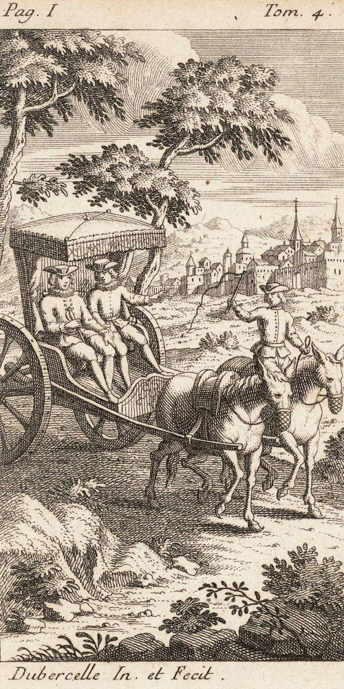 Gil Blas et son secrétaire dans une chaise tirée par deux bonnes mules