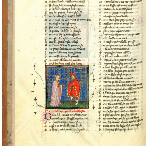 Fol. 153v : Courtoisie implore son fils Bel-Accueil de secourir l'Amant en lui accordant le don de la Rose
 