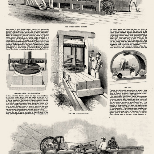 Chantier du Crystal Palace : différentes machines en usage (machine à découper les gouttières, rabot circulaire, herminette)