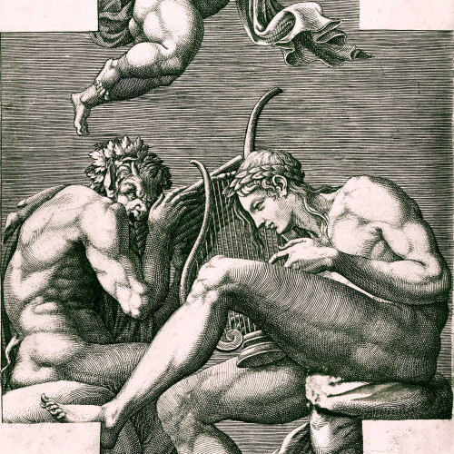 Apollon, Pan et un Putto (l’amour ? ) sonnant du cor