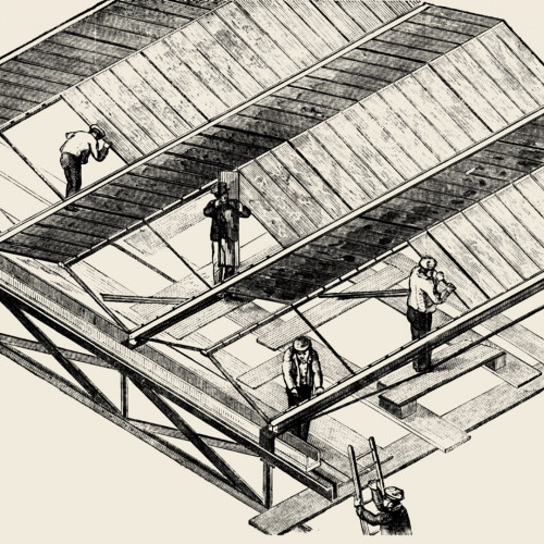 Chantier du Crystal Palace : pose des panneaux de verre sur le toit et machines (perceuses, machines à perforer)