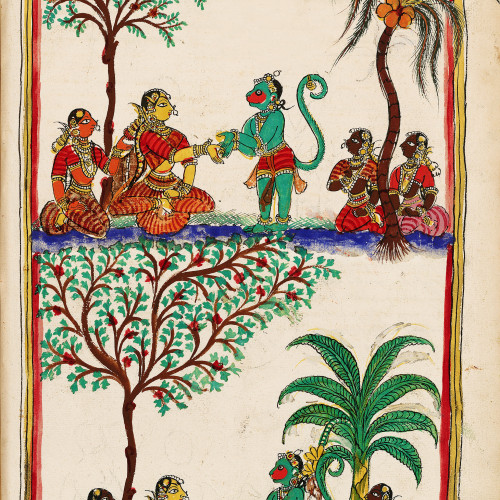 Pour gagner sa confiance, Hanuman donne à Sita la bague de Rama ; en retour Sita lui remet un bijou pour Rama
 