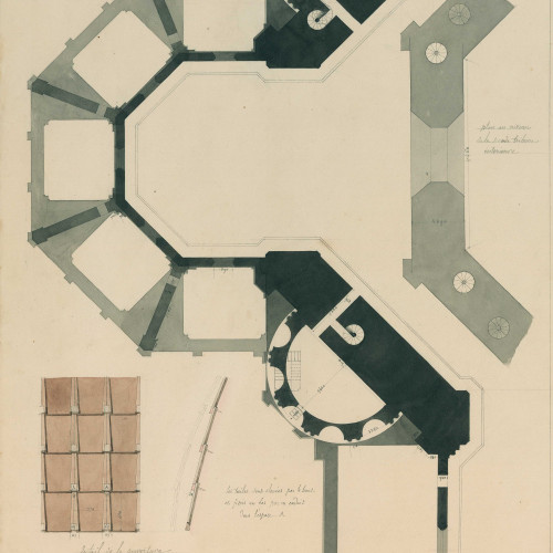 Deux plans d’une des chapelles latérales (au niveau des première et seconde tribunes), divers détails du couvrement du dôme et de la voûte