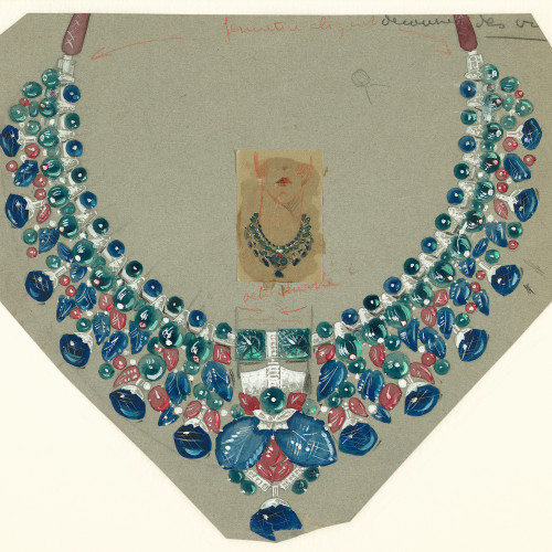 Dessin pour un collier « hindou » en platine, émeraudes, rubis, saphirs et diamants