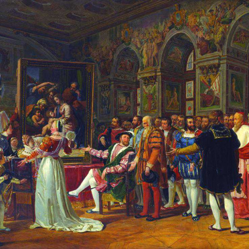 François Ier recevant dans la salle des Suisses devant La Grande Sainte Famille de Raphaël
