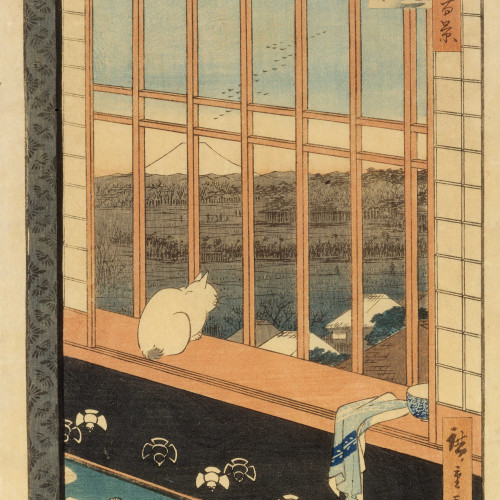 Intérieur, chat à la fenêtre avec vue sur le mont Fuji