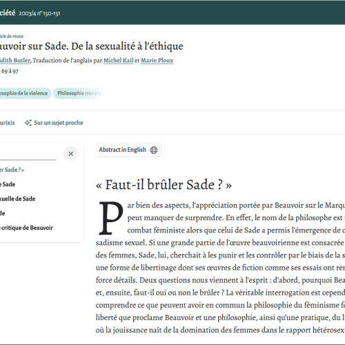 Beauvoir sur Sade. De la sexualité à l'éthique.