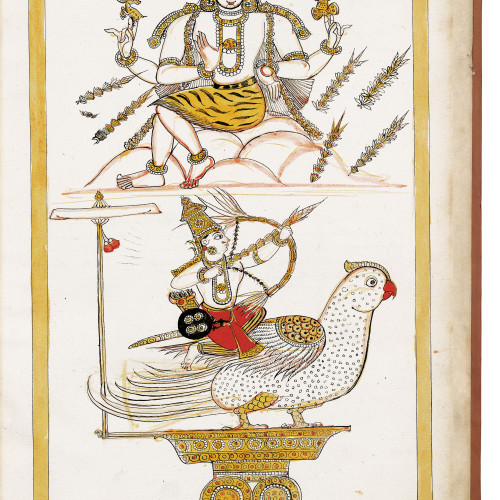 Manmatha (Kama) décoche ses flèches contre Shiva
 