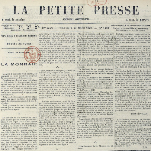 La Petite Presse, article sur la Monnaie, 1870