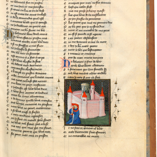 Fol. 32 : L'Amant se désole d'être séparé de la Rose enclose dans la forteresse de Jalousie
 
